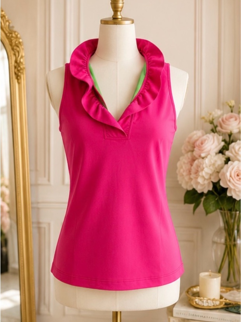 Gretchen Scott Designs Ruffle V-Neck Sleeveless Tank - Hot Pink with Lime Trim